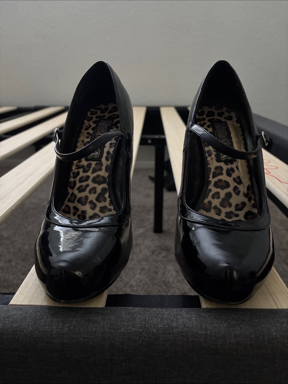 Funtasma Black Patent Mary Jane Pumps with Leopard Insole